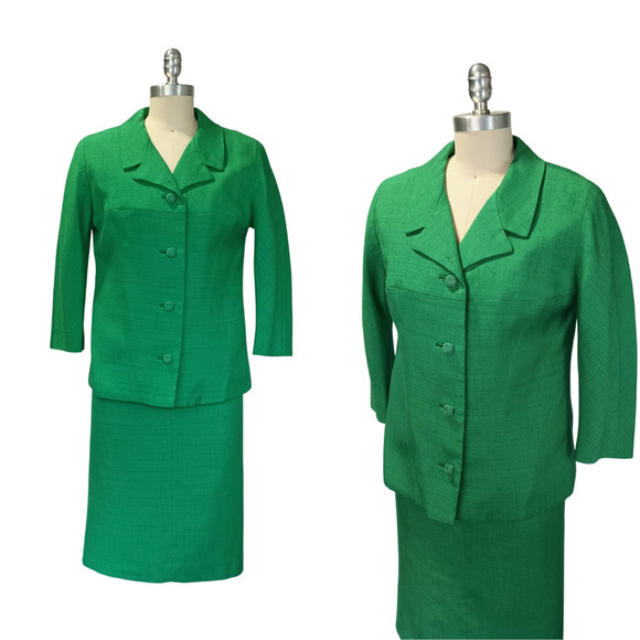 Dresses & Skirts - Vintage 1960s Emerald Green Skirt Suit Size S M Dupioni Mod 60s Secretary MCM